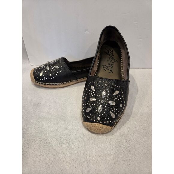 Brighton Shoes - Brighton Jett Women's Black Pebbled Leather Silver Stud Detail Espadrilles Sz 9
